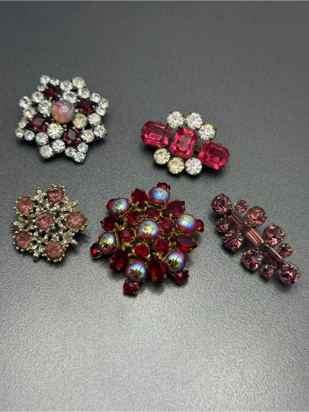 Vintage Red and Pink Rhinestone Brooch lot